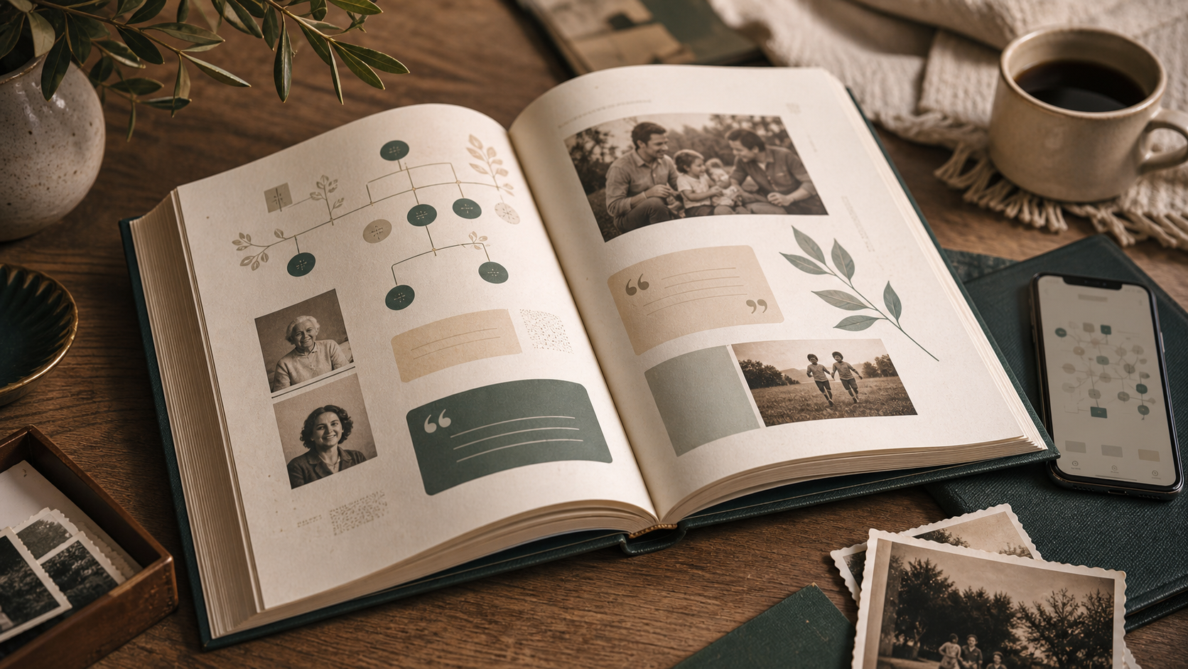 A printed family book made from FamilAI stories, open on a wooden table.