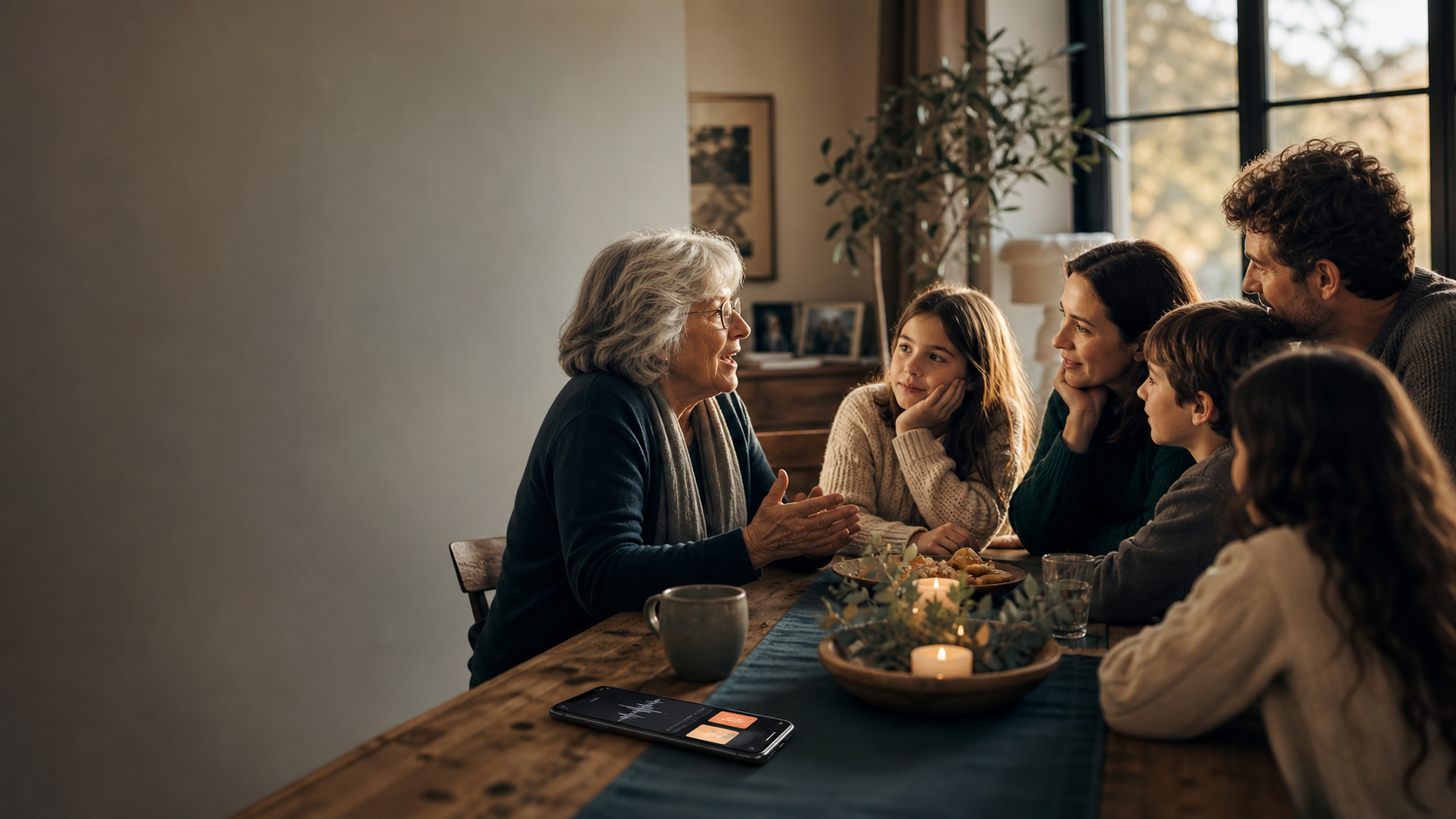 A grandparent telling a story to a younger family member, captured by the FamilAI iPhone app.