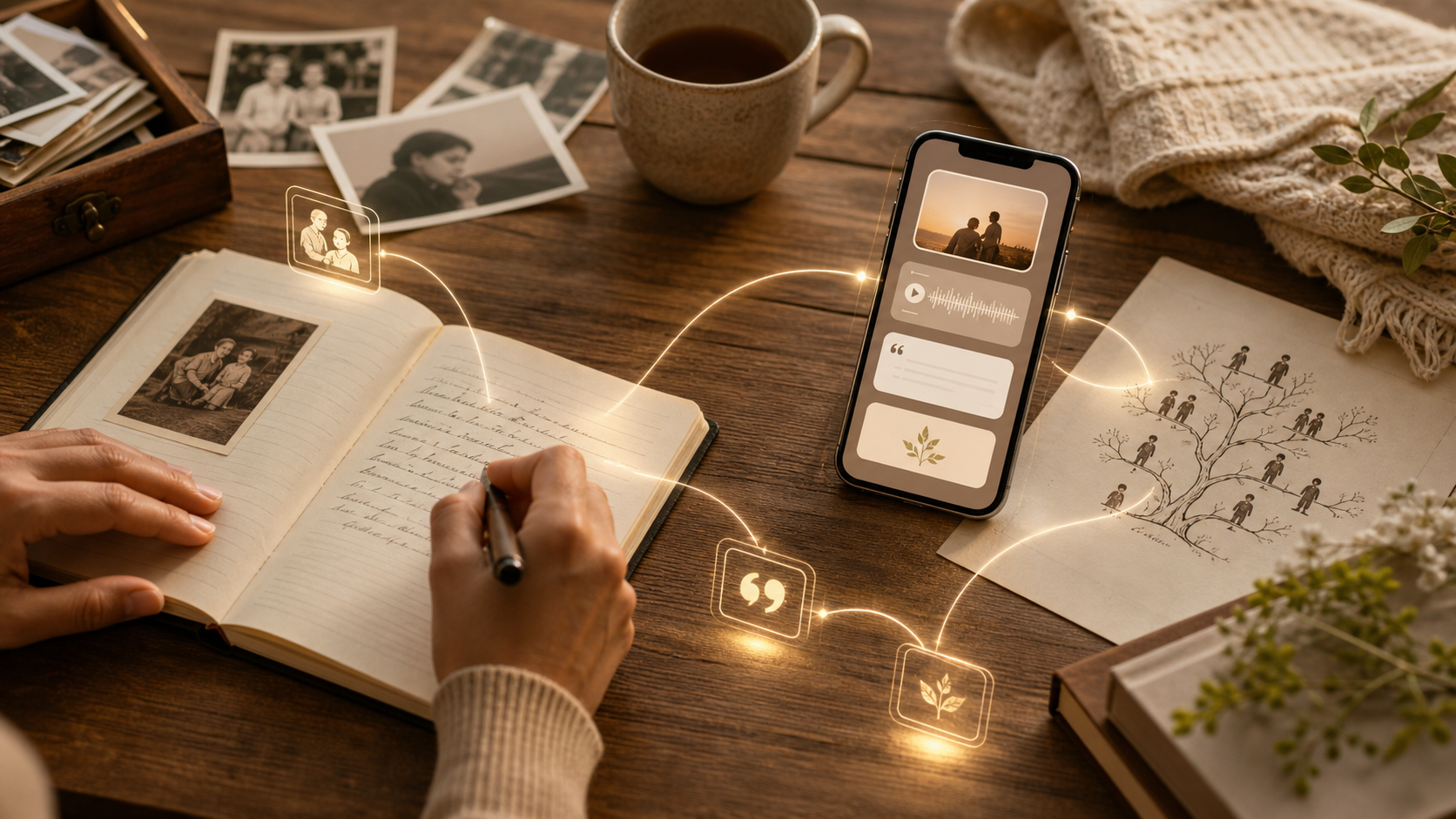 A family member writing notes by hand next to an iPhone showing the FamilAI recorder.