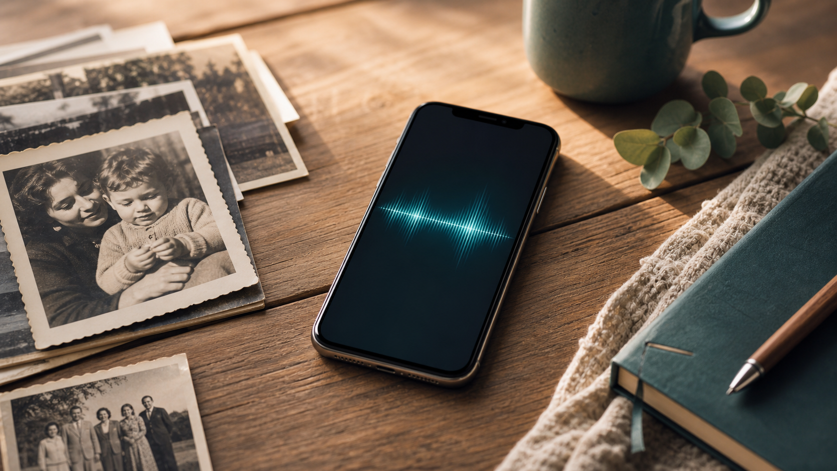 An iPhone running FamilAI shows a sound wave that stays inside the device — the audio is transcribed locally.